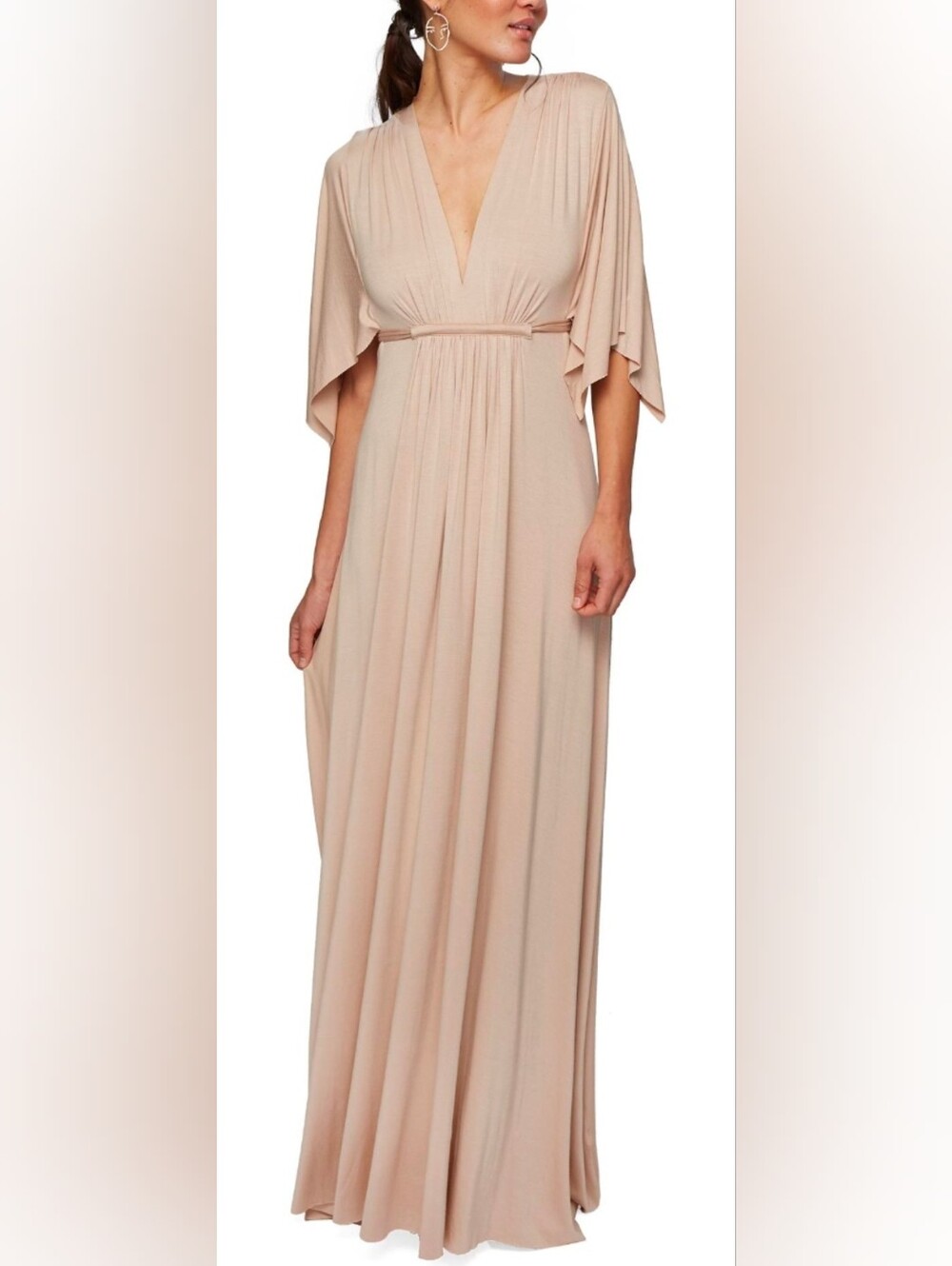 Wanna B blush pink grecian kaftan style maxi dress, deep V-neckline, Size L
